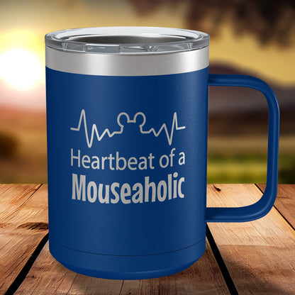 Heartbeat of a Mouseaholic 15oz Engraved Insulated Coffee Mug with Slider Lid • Funny Tumbler for Women-Men • Happiest Place on Earth Fans