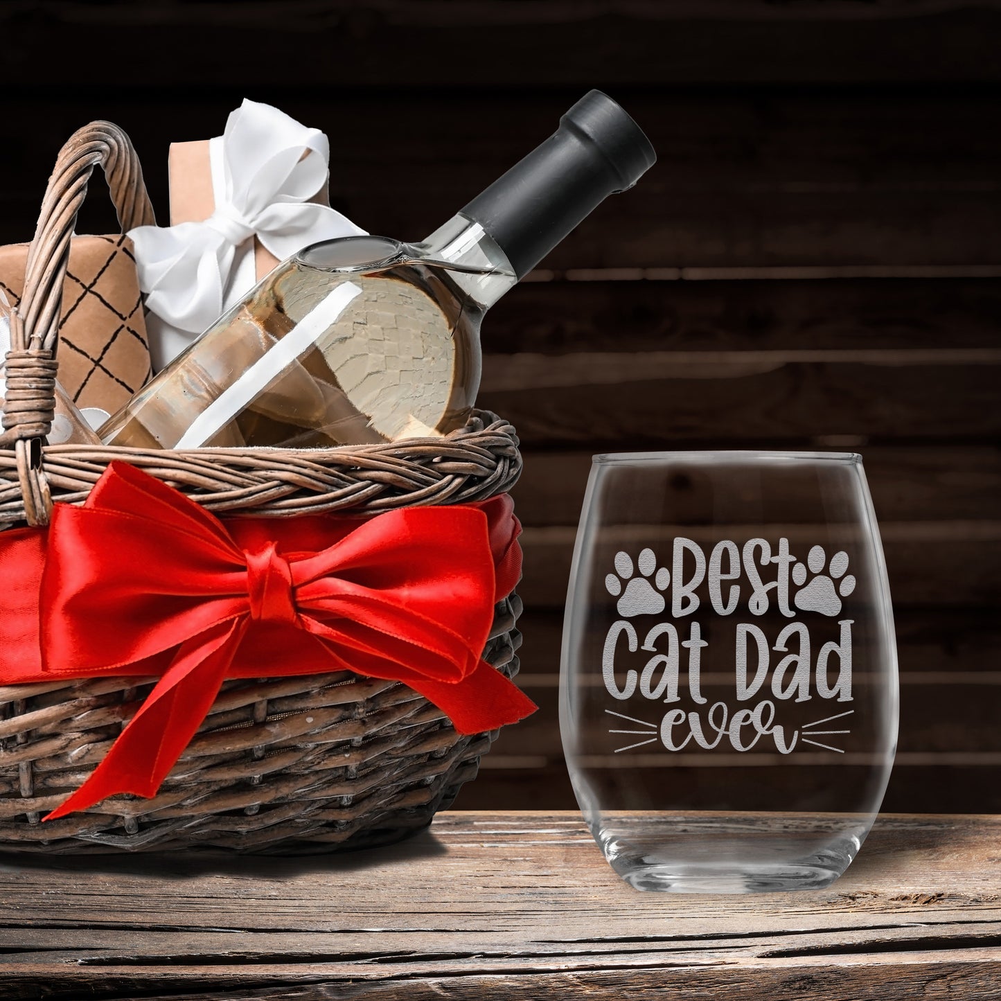 Best Cat Dad Ever Engraved 15oz Stemless Wine Glass for Cat Owner