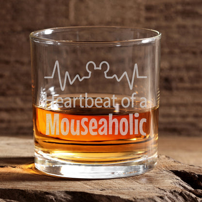 Gift for Whiskey Drinkers • Funny Engraved Whiskey Glass Gift for Women and Men • 11oz Old Fashioned Cocktail • Heartbeat of a Mouseaholic