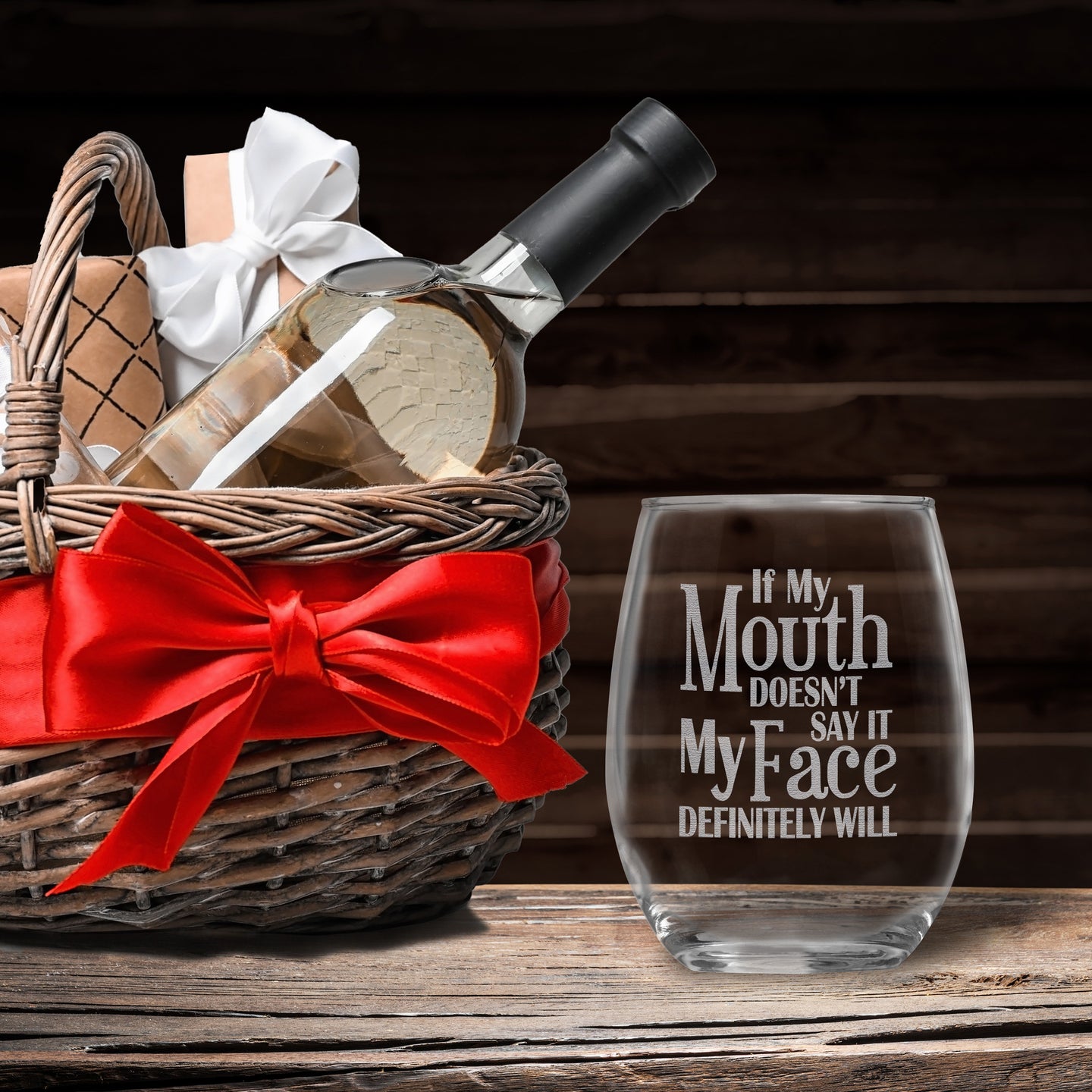 If My Mouth Doesn't Say It My Face Definitely Will • Funny Engraved 15oz Stemless Wine Glass