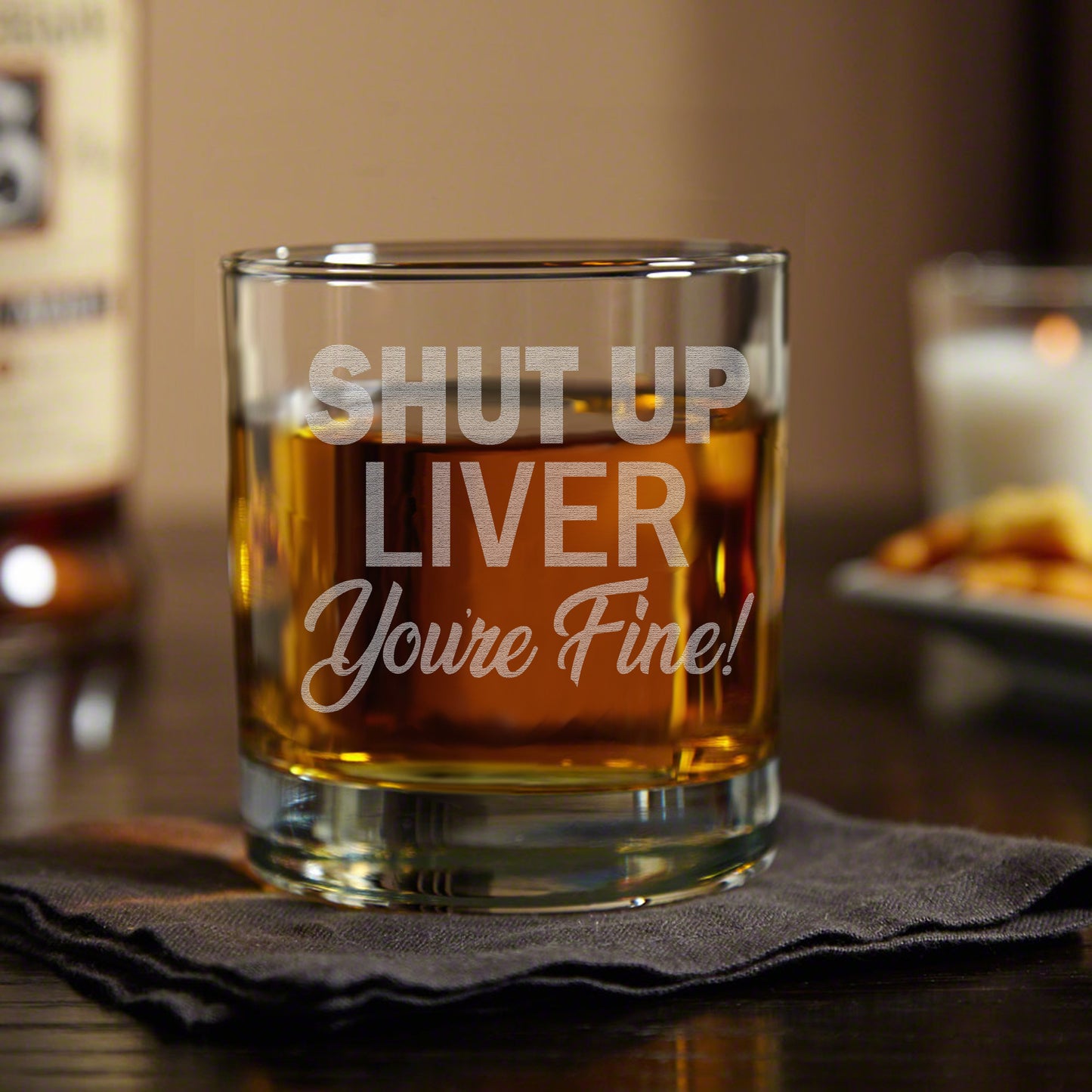 Shut Up Liver You're Fine Rocks Glass • Funny Engraved Whiskey Glass • Humorous 11oz Old Fashioned Cocktail Glass for Men and Women