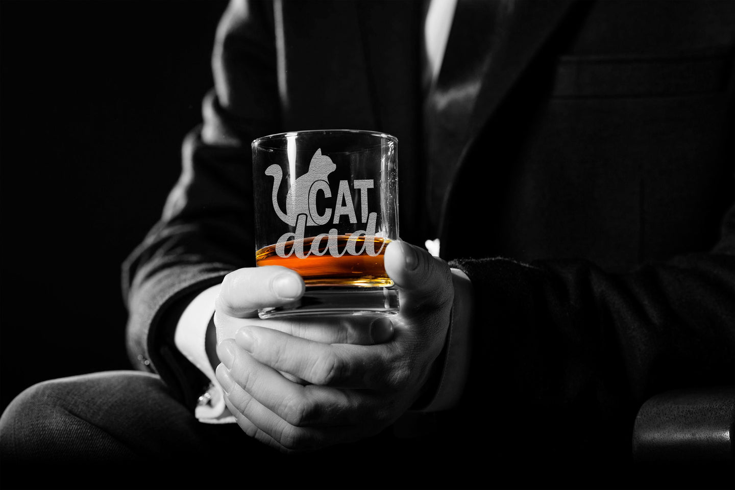 Cat Dad Engraved Whiskey Glass • 11oz Old Fashioned Cocktail Rocks Glass for Dad • Great Gift for Father, Grandfather, Husband, Son, Friend