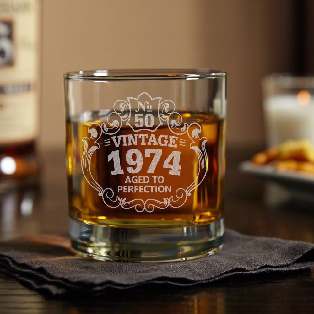 50th Birthday Engraved Whiskey Glass • Custom Engraved Rocks Glass • Vintage 1974 Aged to Perfection 11oz Old Fashioned Cocktail Glass