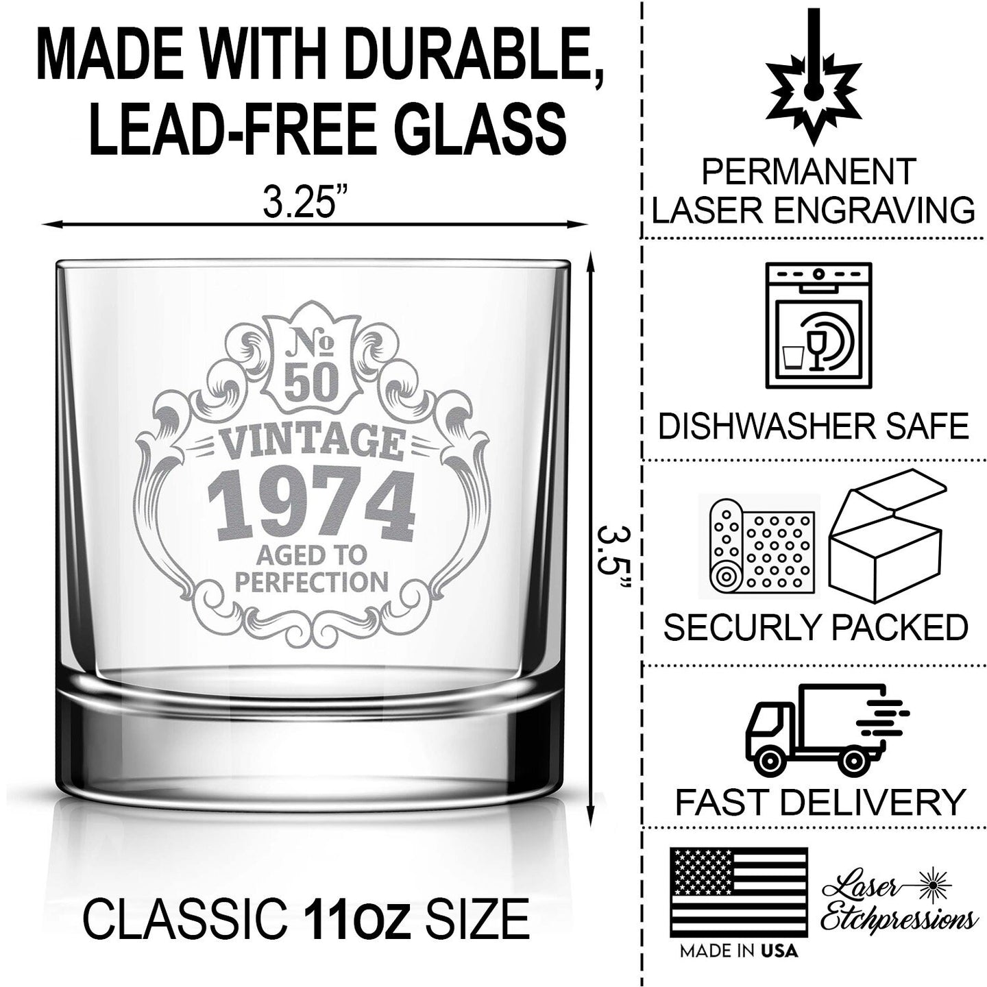 50th Birthday Engraved Whiskey Glass • Custom Engraved Rocks Glass • Vintage 1974 Aged to Perfection 11oz Old Fashioned Cocktail Glass