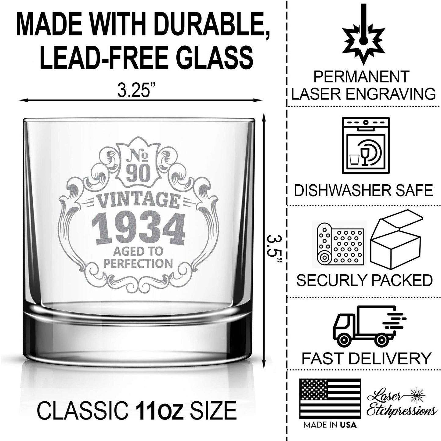 90th Birthday Engraved Whiskey Glass • Custom Engraved Rocks Glass • Vintage 1934 Aged to Perfection 11oz Old Fashioned Cocktail Glass