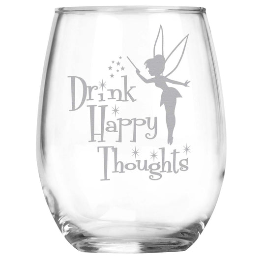 Drink Happy Thoughts Engraved Stemless Wine Glass • Fairy Princess Gifts • Funny Unique Birthday, Christmas, Mother's Day, Graduation Gift