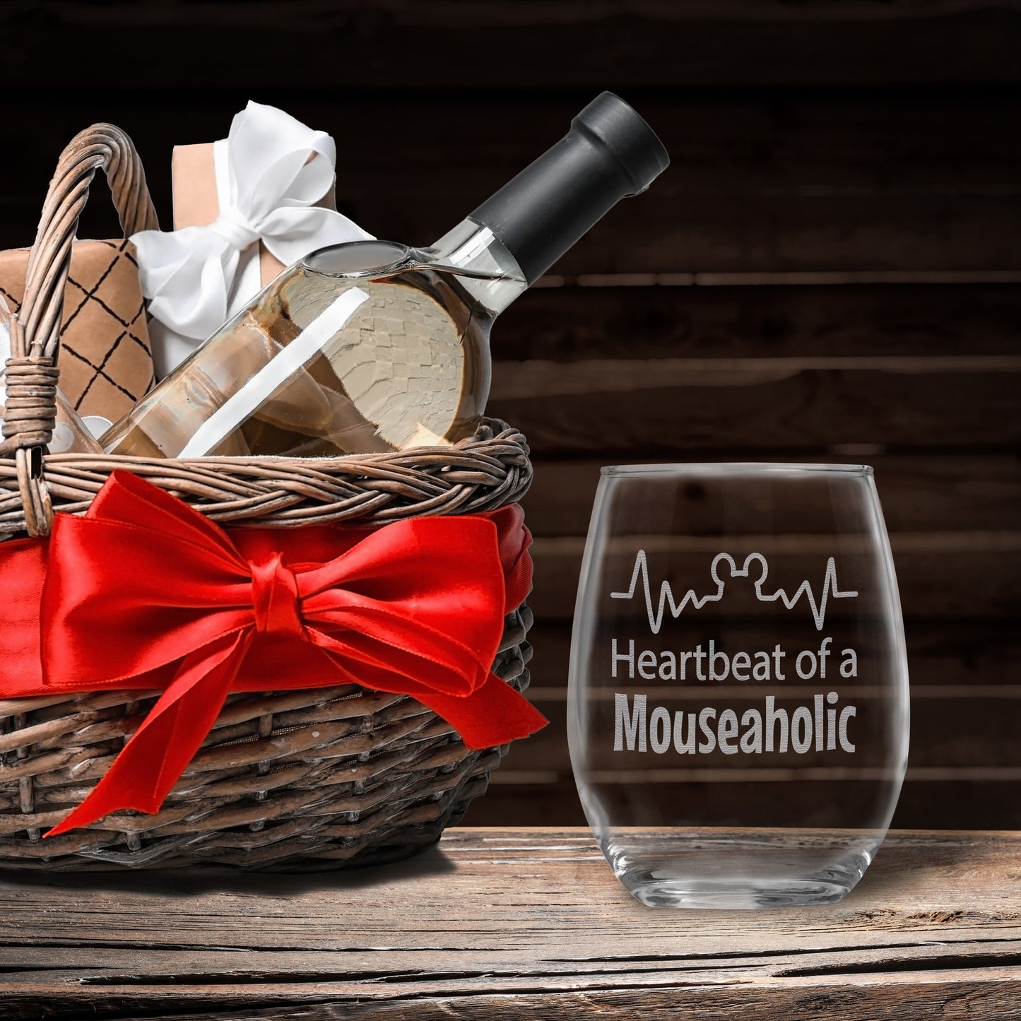 Heartbeat of a Mouseaholic Engraved Stemless Wine Glass • Funny Unique Birthday, Christmas, Mother's Day, Father's Day, Graduation Gift