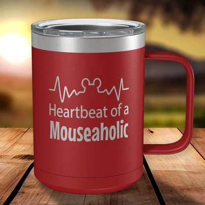 Heartbeat of a Mouseaholic 15oz Engraved Insulated Coffee Mug with Slider Lid • Funny Tumbler for Women-Men • Happiest Place on Earth Fans