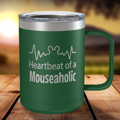Heartbeat of a Mouseaholic 15oz Engraved Insulated Coffee Mug with Slider Lid • Funny Tumbler for Women-Men • Happiest Place on Earth Fans