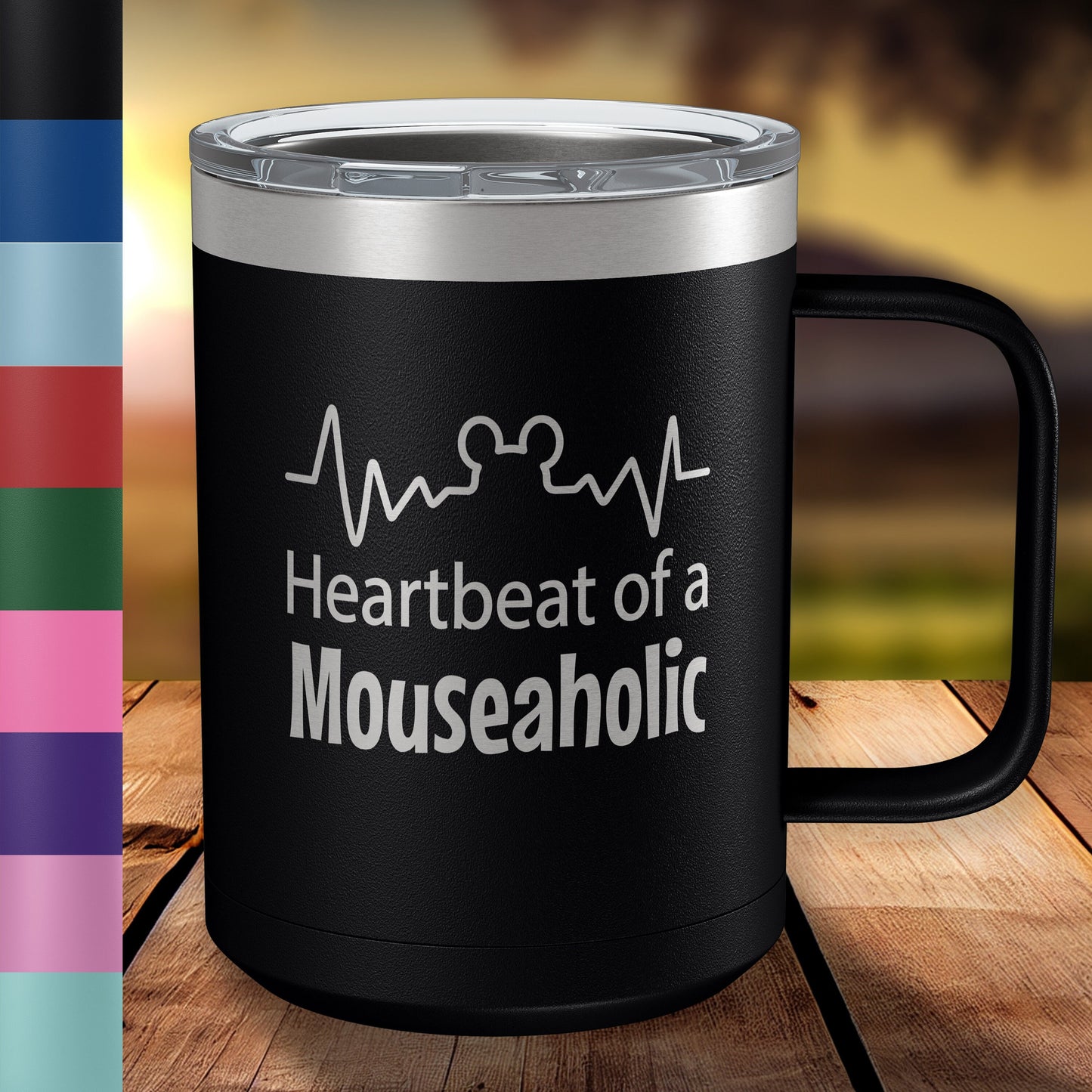 Heartbeat of a Mouseaholic 15oz Engraved Insulated Coffee Mug with Slider Lid • Funny Tumbler for Women-Men • Happiest Place on Earth Fans