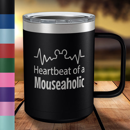 Heartbeat of a Mouseaholic 15oz Engraved Insulated Coffee Mug with Slider Lid • Funny Tumbler for Women-Men • Happiest Place on Earth Fans