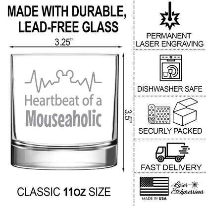 Gift for Whiskey Drinkers • Funny Engraved Whiskey Glass Gift for Women and Men • 11oz Old Fashioned Cocktail • Heartbeat of a Mouseaholic