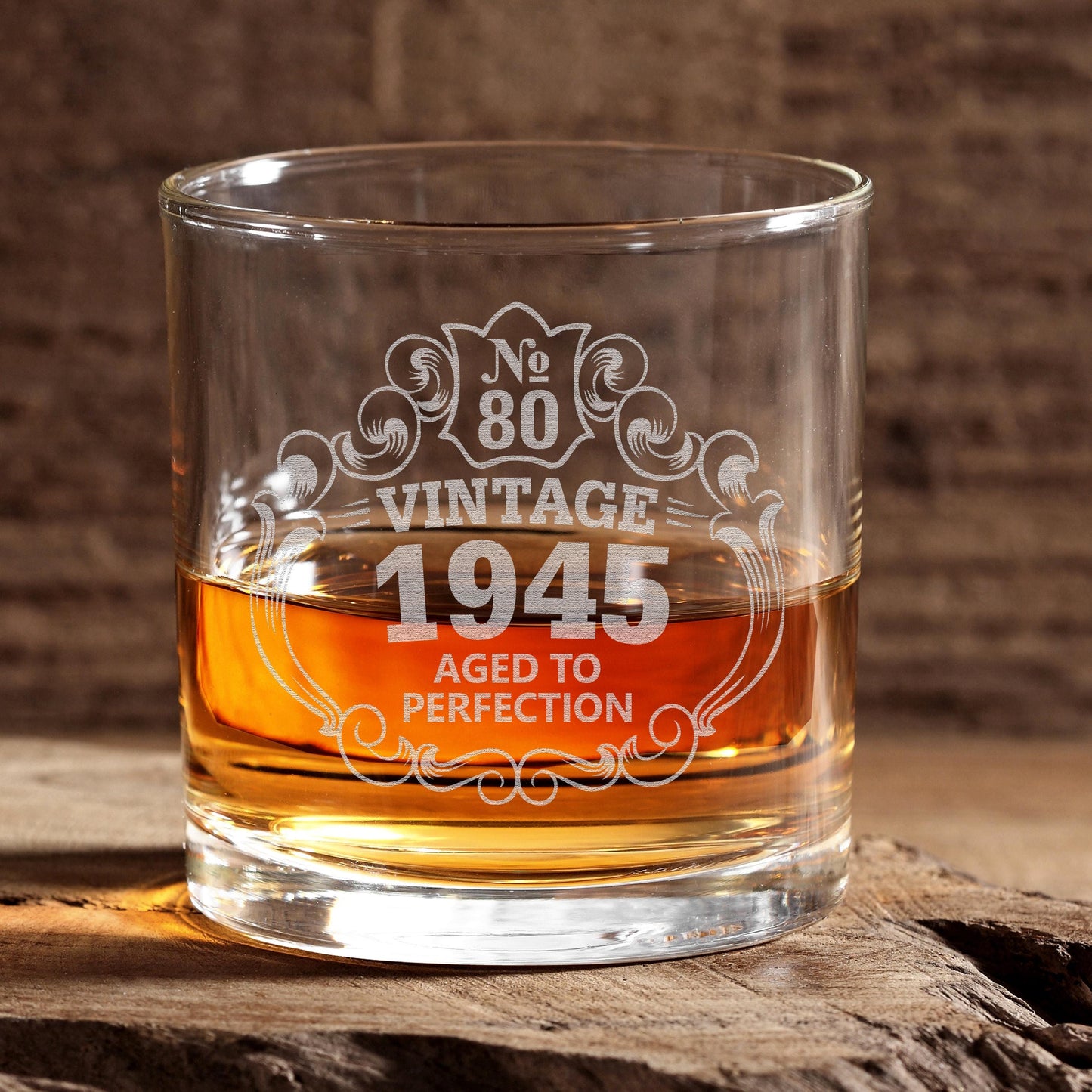 80th Birthday Engraved Whiskey Glass • Custom Engraved Rocks Glass • Vintage 1945 Aged to Perfection 11oz Old Fashioned Cocktail Glass