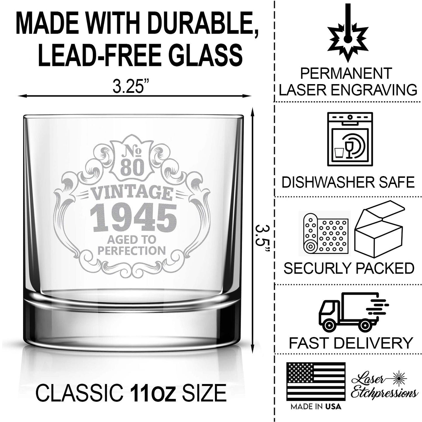 80th Birthday Engraved Whiskey Glass • Custom Engraved Rocks Glass • Vintage 1945 Aged to Perfection 11oz Old Fashioned Cocktail Glass