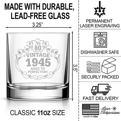 80th Birthday Engraved Whiskey Glass • Custom Engraved Rocks Glass • Vintage 1945 Aged to Perfection 11oz Old Fashioned Cocktail Glass