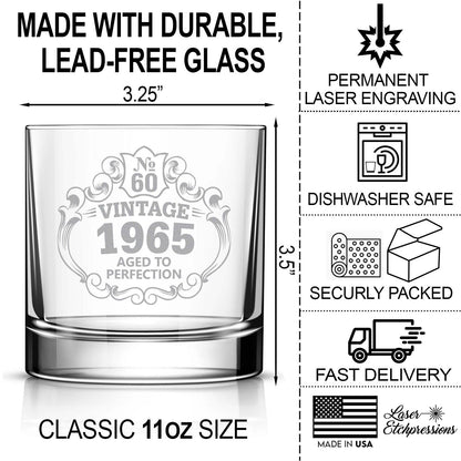 60th Birthday Engraved Whiskey Glass, Custom Engraved Rocks Glass, Vintage 1965 Aged to Perfection 11oz Old Fashioned Cocktail Glass
