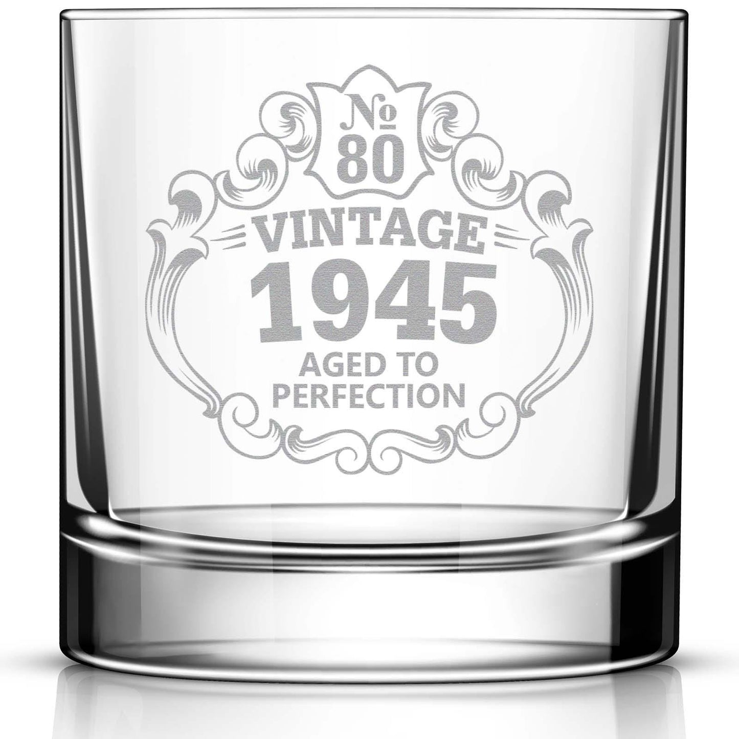 80th Birthday Engraved Whiskey Glass • Custom Engraved Rocks Glass • Vintage 1945 Aged to Perfection 11oz Old Fashioned Cocktail Glass
