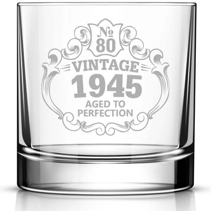 80th Birthday Engraved Whiskey Glass • Custom Engraved Rocks Glass • Vintage 1945 Aged to Perfection 11oz Old Fashioned Cocktail Glass