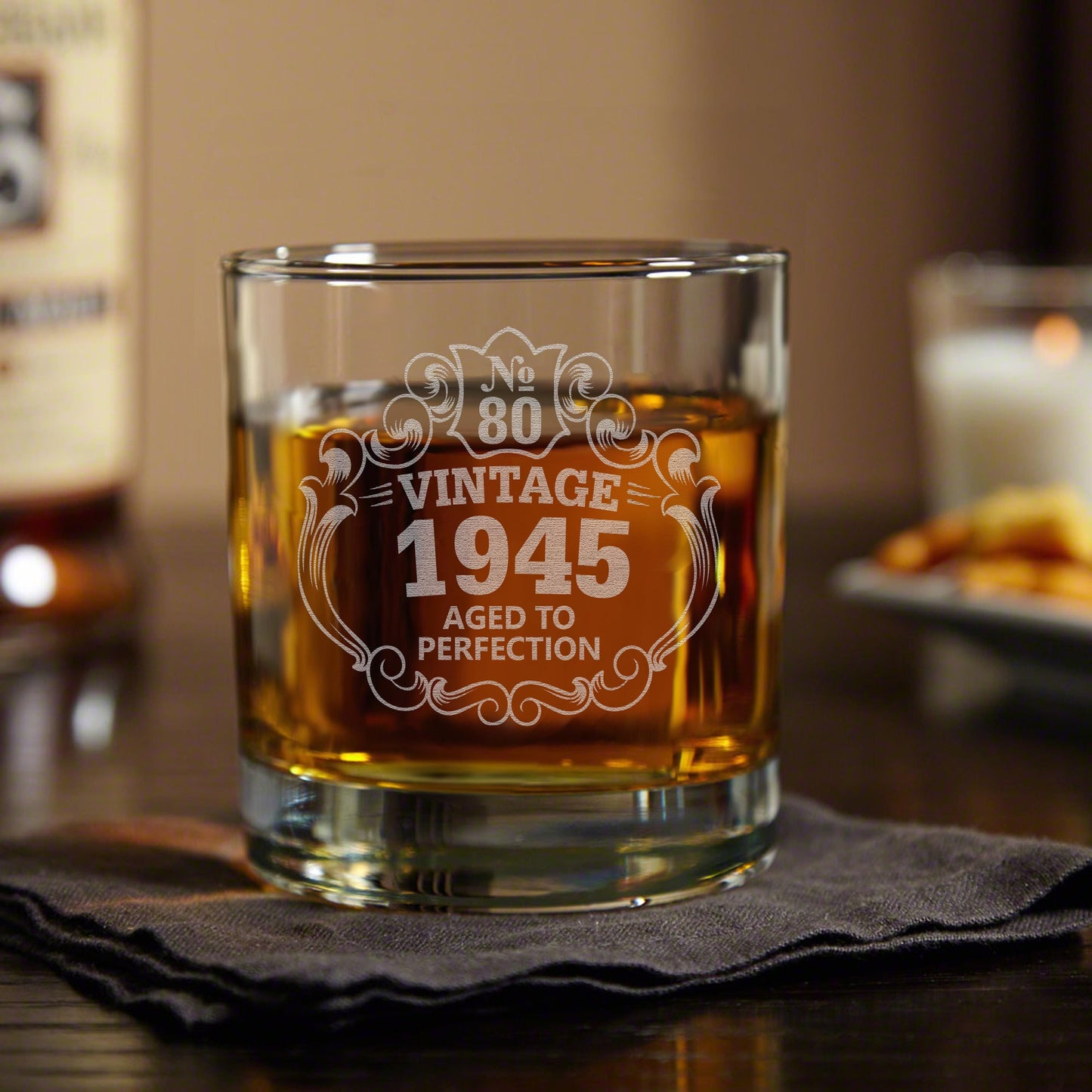 80th Birthday Engraved Whiskey Glass • Custom Engraved Rocks Glass • Vintage 1945 Aged to Perfection 11oz Old Fashioned Cocktail Glass