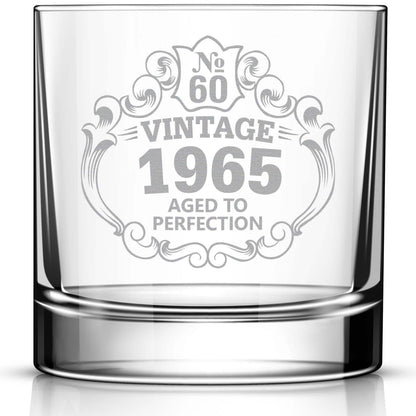 60th Birthday Engraved Whiskey Glass, Custom Engraved Rocks Glass, Vintage 1965 Aged to Perfection 11oz Old Fashioned Cocktail Glass