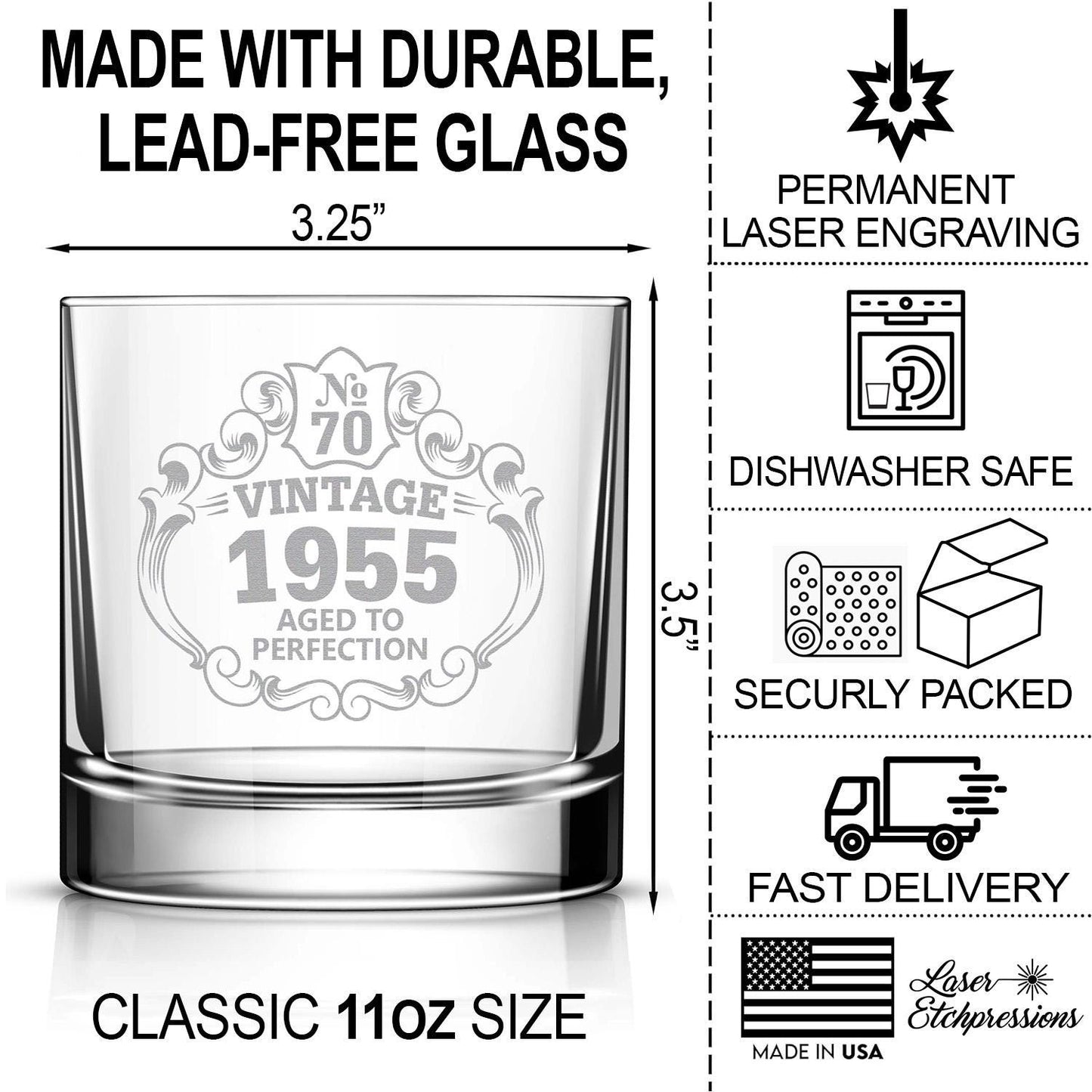 70th Birthday Engraved Whiskey Glass • Custom Engraved Rocks Glass • Vintage 1955 Aged to Perfection 11oz Old Fashioned Cocktail Glass